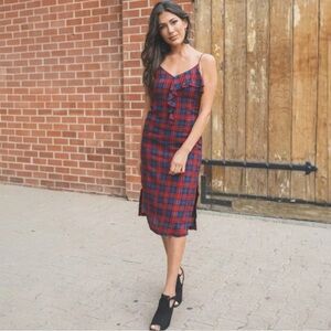 Lush Red Plaid Midi Dress NWT Side Slits Spaghetti Strap